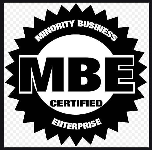 Black and white MBE Certified Minority Business Enterprise logo with starburst border