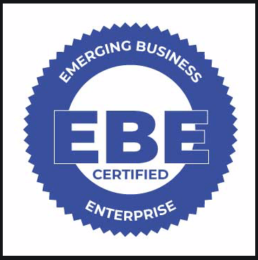 Blue seal logo reading “Emerging Business EBE Certified Enterprise”