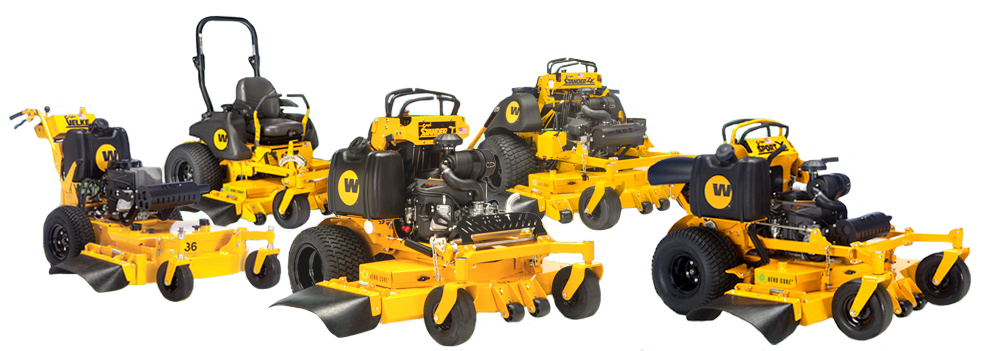 Yellow and black lawn mowers of various models are lined up, possibly for sale or display.