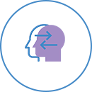 A purple head with two arrows pointing in opposite directions in a blue circle.