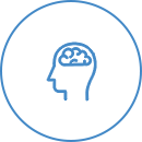 A blue icon of a person 's head with a brain in a circle.