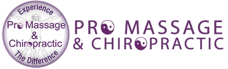 The logo for pro massage and chiropractic is purple and white.