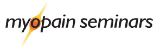 A logo for myopain seminars with a lightning bolt in the middle
