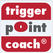 A red and white logo for trigger point coach