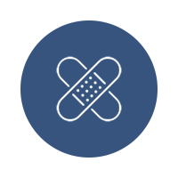Blue circle with white crossed bandage icon and central dotted bandage pad