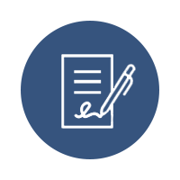 Blue circle with a white document and pen icon