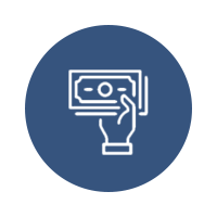 White hand holding a dollar bill inside a blue circle icon