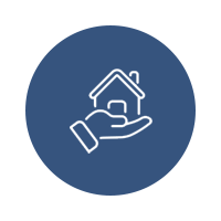 White line icon of a house on a hand inside a blue circle