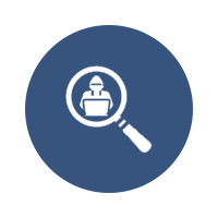 White magnifying glass icon over a person at a laptop inside a blue circle