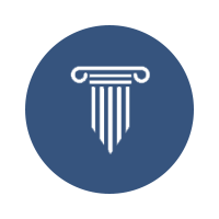 Blue circle logo with a white classical column icon in the center