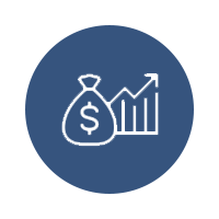 Blue finance icon with money bag, rising chart, and upward arrow.