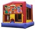 A red and purple bouncy house with a picture of disney characters on it.