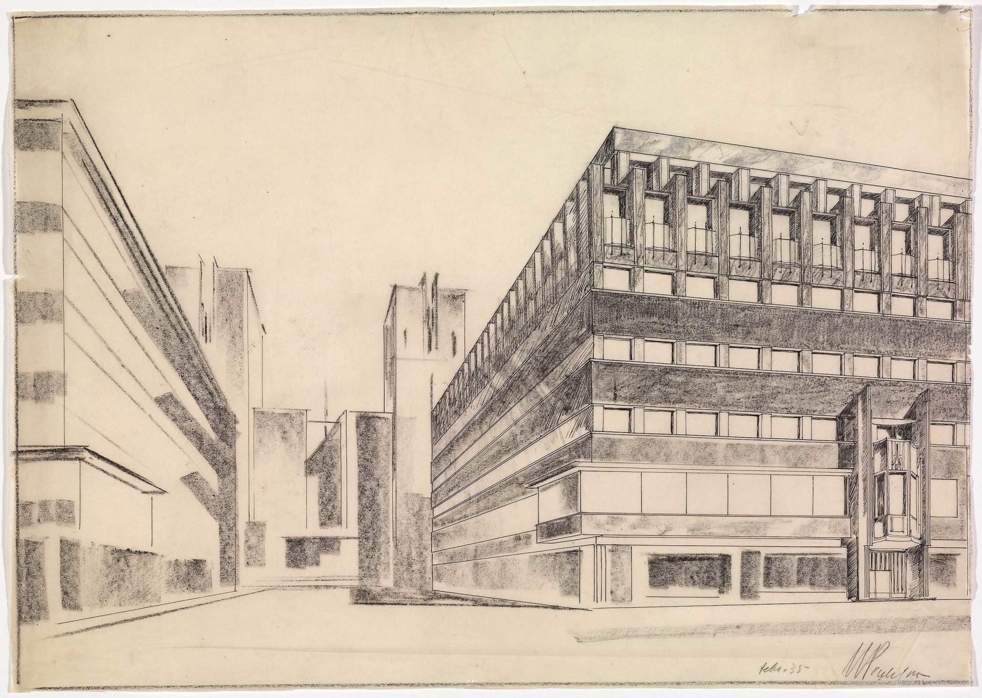 Arkitekttegning av Høyres Hus tegnet av Magnus Poulsson i 1935