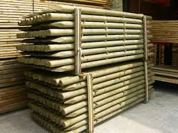 Montones de postes de madera apilados almacenados en el suelo de un almacén.