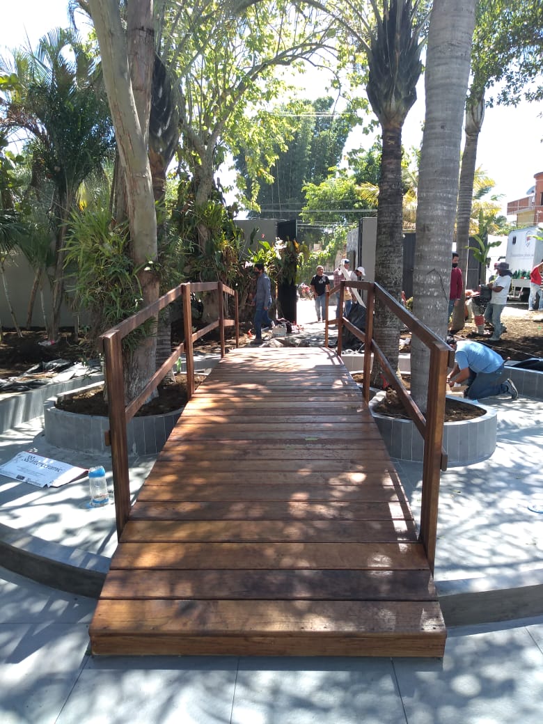 Pasarela de madera con barandilla en un jardín soleado, rodeado de árboles y macetas.