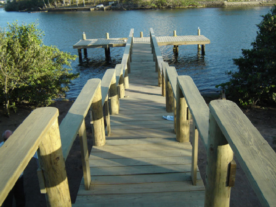 Muelle de madera con barandilla que conduce a un lago tranquilo, rodeado de vegetación.