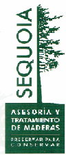 Señal de reciclaje de madera en español, verde y blanca, con el texto “SEQUOIA” y “Asesora y tratamiento de maderas”