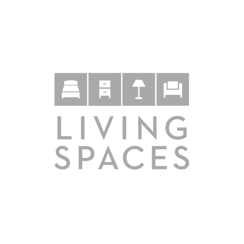 Living Spaces logo: gray icons of furniture above the text 