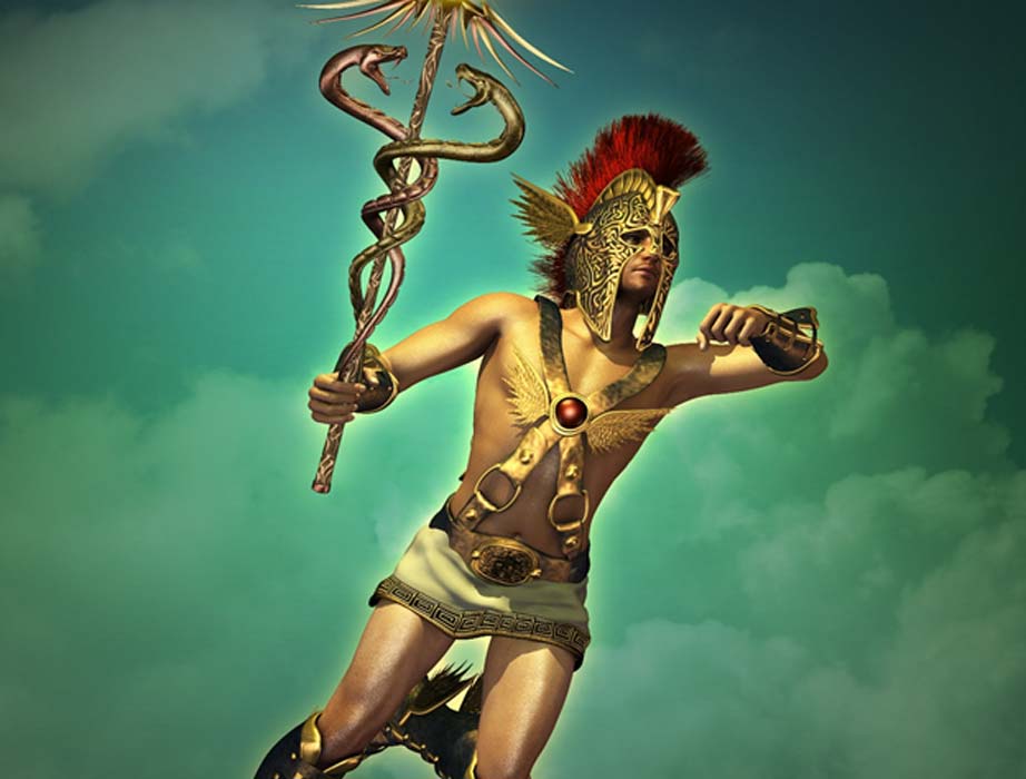 A man in a helmet is holding a caduceus, representing Hermes.