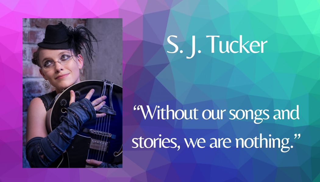 A woman is holding an instrument with a quote from s.j. tucker.