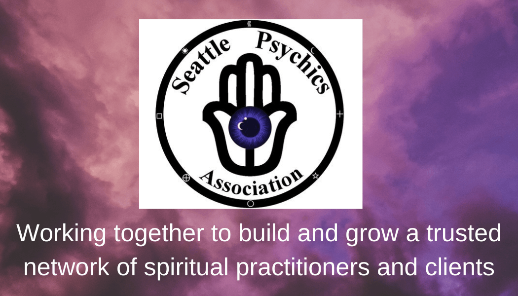 A logo for Seattle psychics association with a hamsa hand