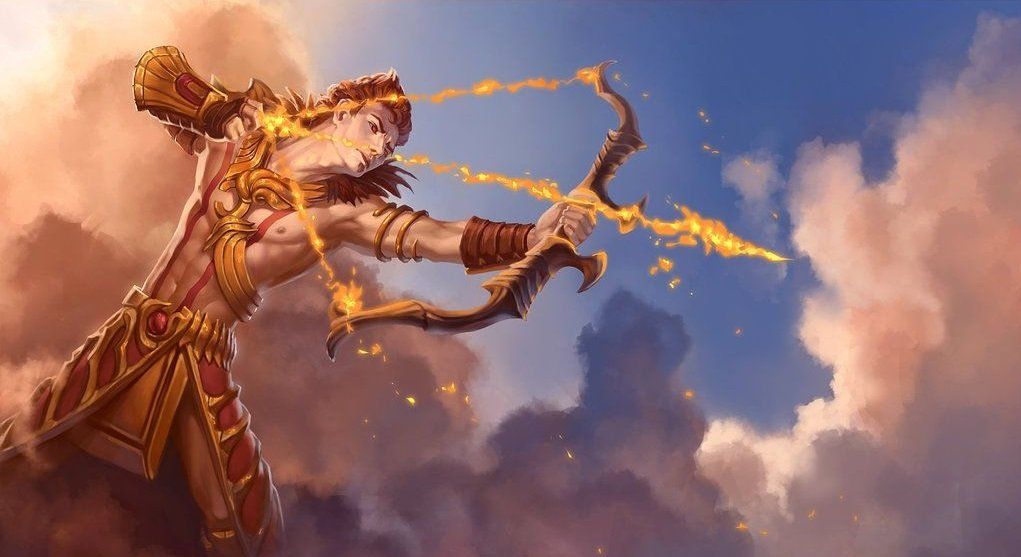 A man wearing armor shooting a flaming bow, representing Apollo.