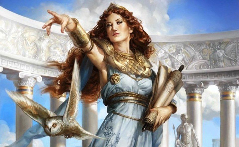 A painting of a woman holding a scroll and an owl, representing Athena.