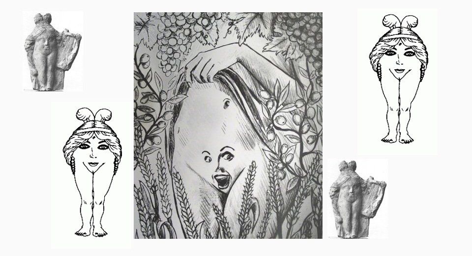A black and white drawing of a woman's face on her pubic area, representing Baubo.