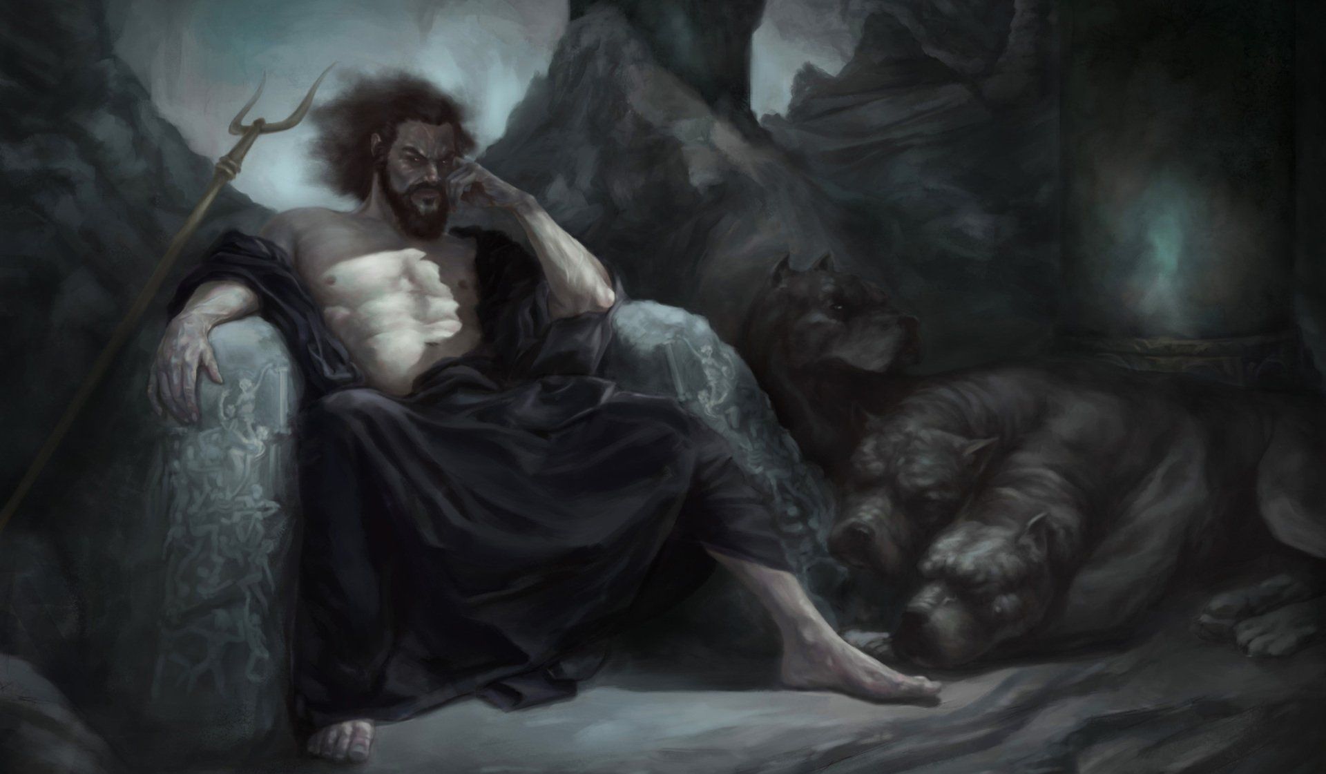 A man in a black robe is sitting on a rock in a cave with Cerberes, 