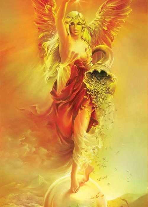A painting of an angel holding a pot of gold, representing the Temple of Fortuna.