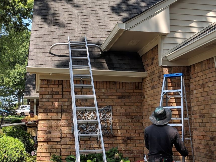 A man is standing on a ladder in front of a brick house.