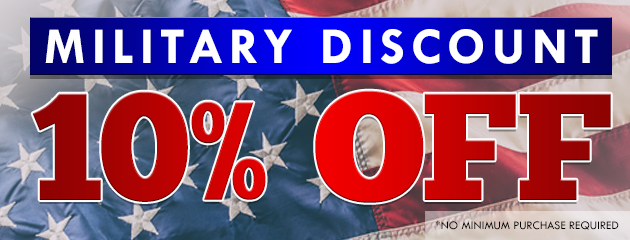 Military discount, 10% off. Blue bar with white text: 