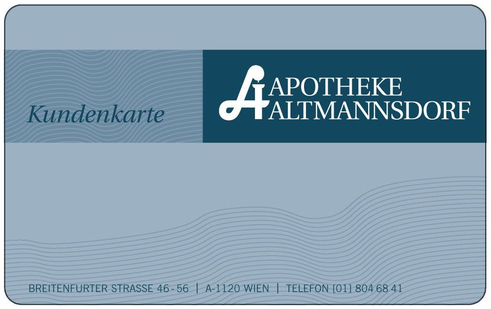 Blaue Kundenkarte der Apotheke Altmannsdorf mit Logo und Kontaktdaten.