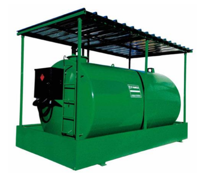 A green tank with a roof on top of it