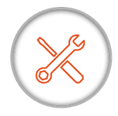 Orange crossed wrench and screwdriver tools inside a gray circle icon