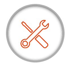 Orange crossed wrench and screwdriver tools inside a gray circle icon