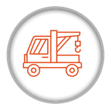 Orange line icon of a tow truck on a white circular background