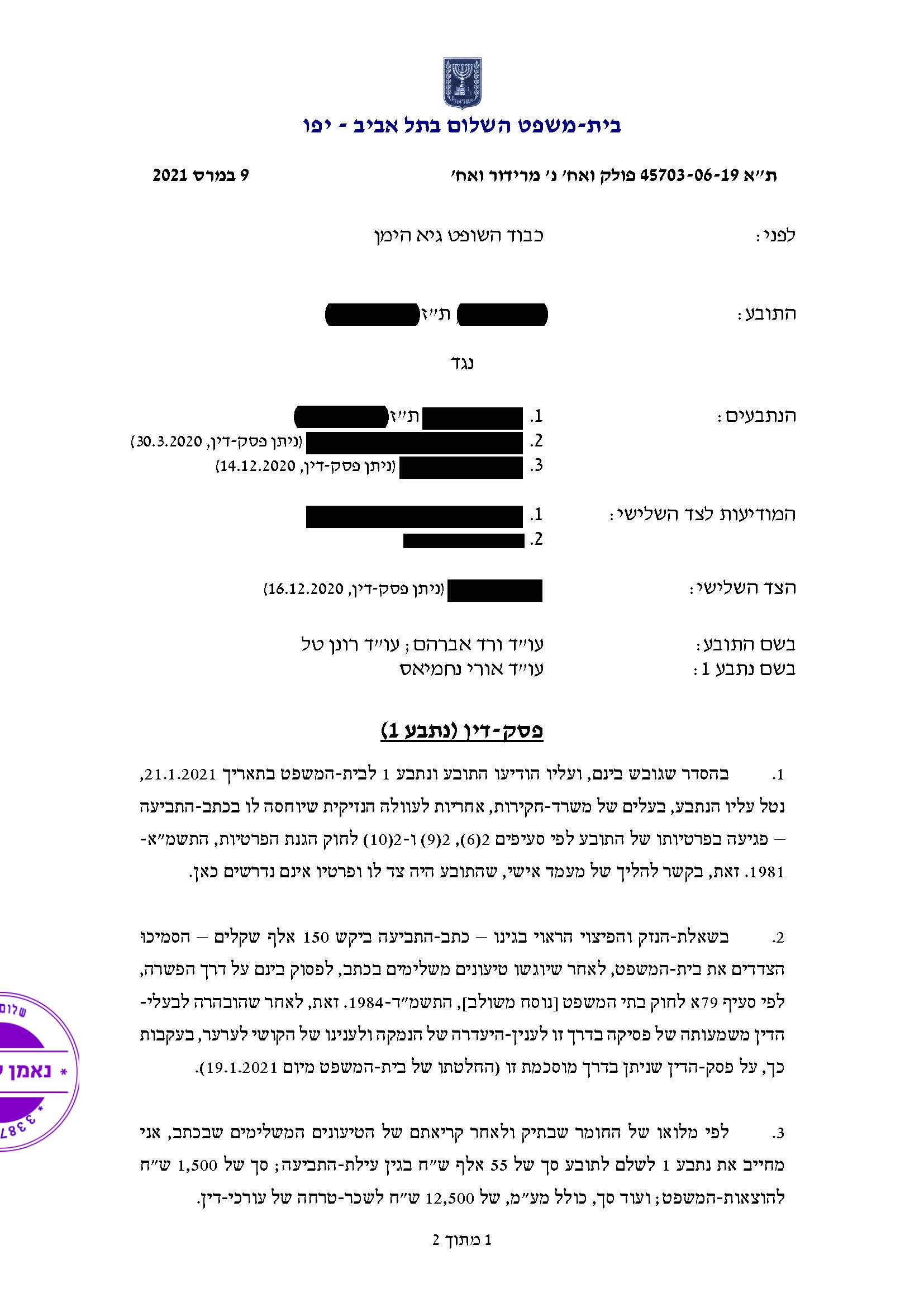 הוצאת דיבה ולשון הרע פסקי דין