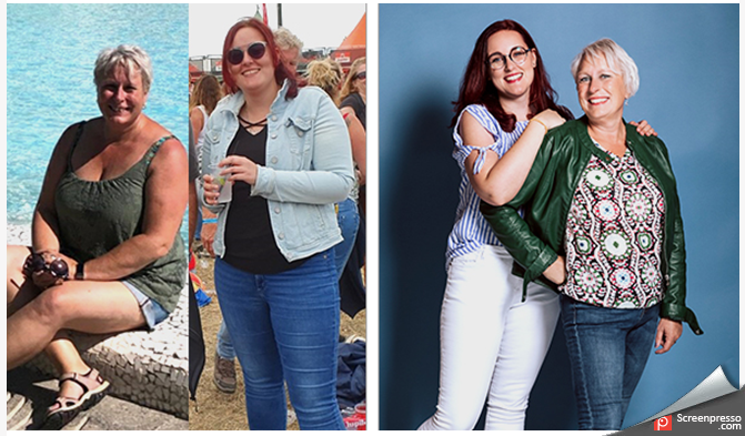 Foto's naast elkaar ter vergelijking van de fysieke transformatie, waarbij twee personen in de laatste foto samen staan.