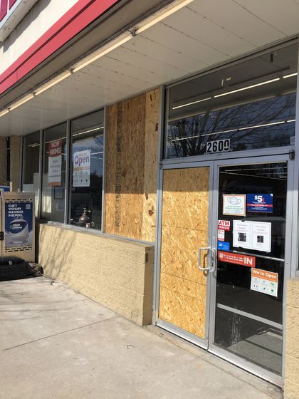 Window and door being repaired covered by wood panel — Greater Nashville, TN — All Star Glass Window and door being repaired covered by wood panel — Greater Nashville, TN — All Star Glass