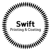 A black and white logo for swift printing and coating.