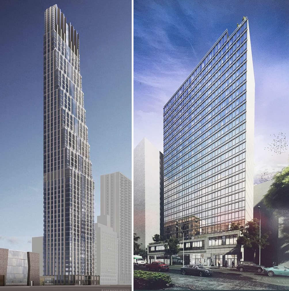 A picture of a tall building next to a picture of a smaller building