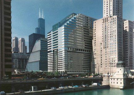 A city skyline with a river in the foreground