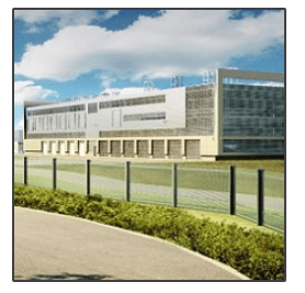An artist 's impression of a large building with a fence around it
