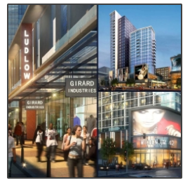 A collage of images shows people walking in front of a building that says girard industries