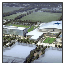 An aerial view of a large building with a blue star on it
