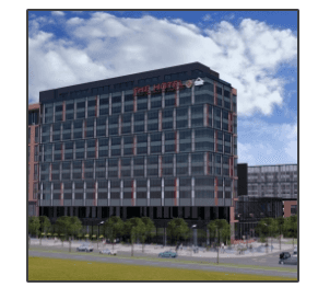 An artist 's impression of a large building with a red arrow pointing to the top
