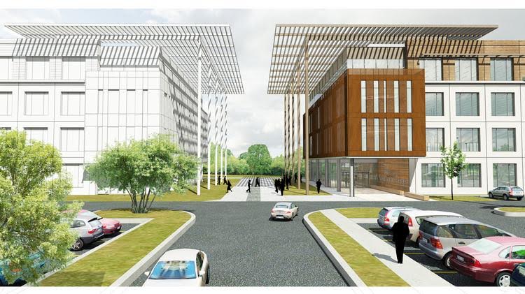 An artist 's impression of a large building with a lot of windows