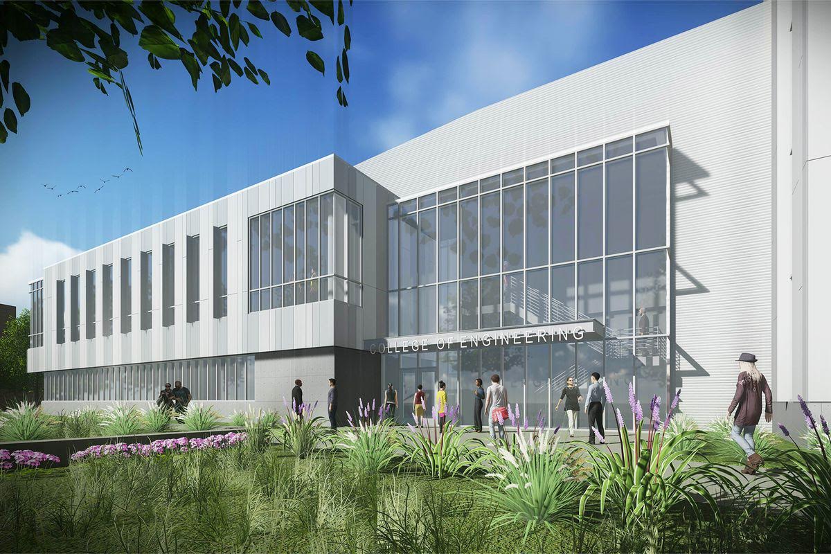 An artist 's impression of a large white building with lots of windows