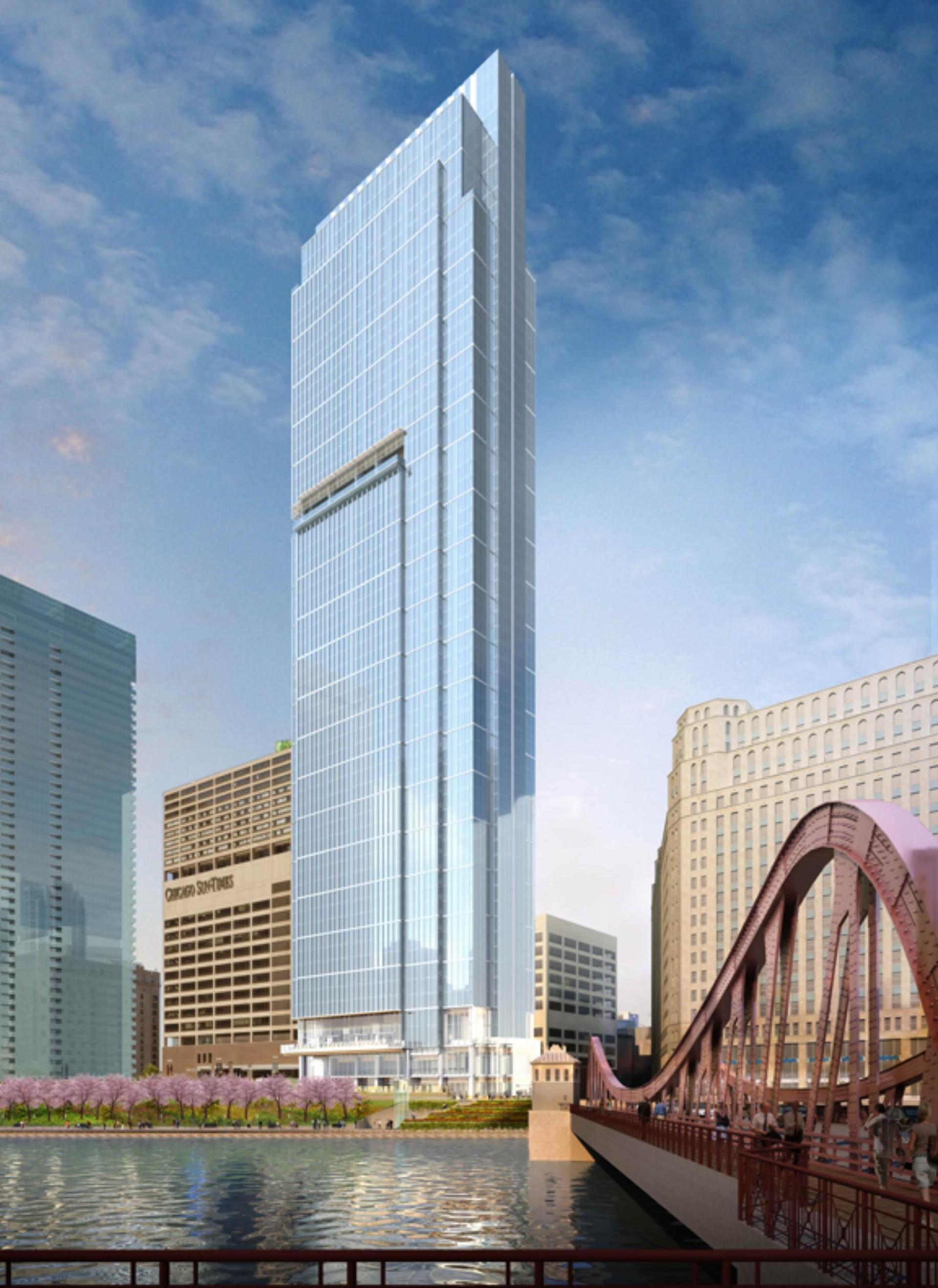 An artist 's impression of a very tall building in a city